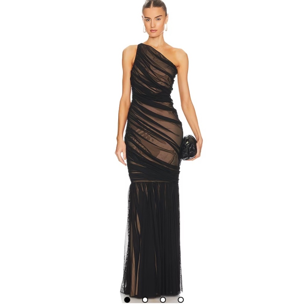 Norma Kamali Asymmetrical Ruched Black and Tan Gown